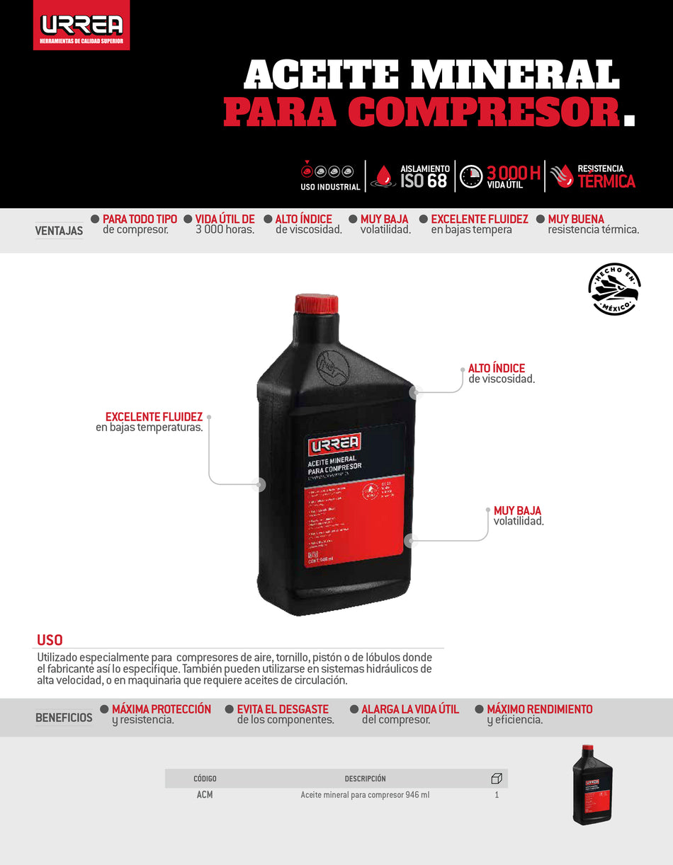 Aceite sintético para compresor 946 ml Urrea