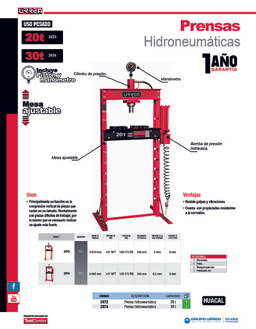 Prensa hidroneumática, 30 ton Urrea