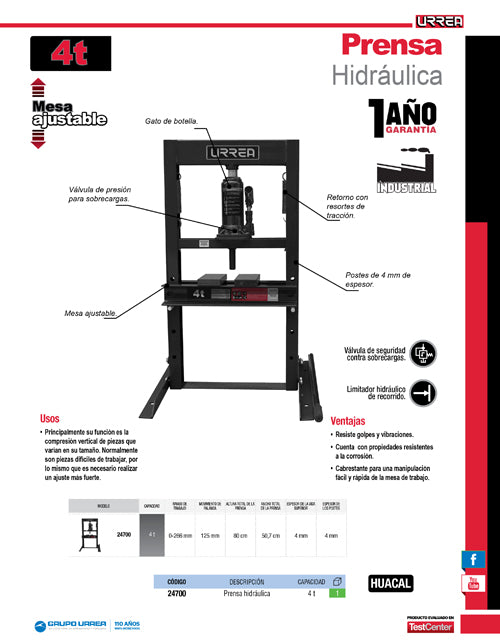 Prensa hidráulica con gato de botella, 4 ton Urrea