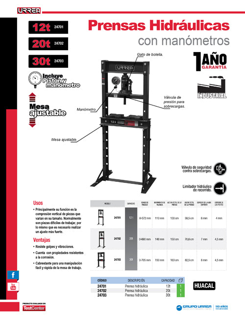 Prensa hidráulica con gato de botella, 30 ton Urrea