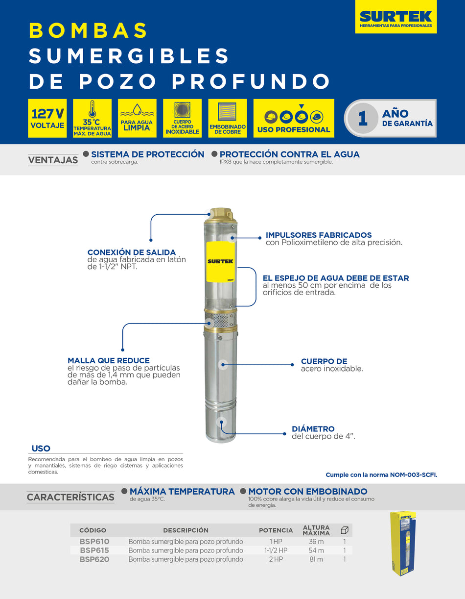 Bomba sumergible para pozos profundos 2 HP 127 V Surtek
