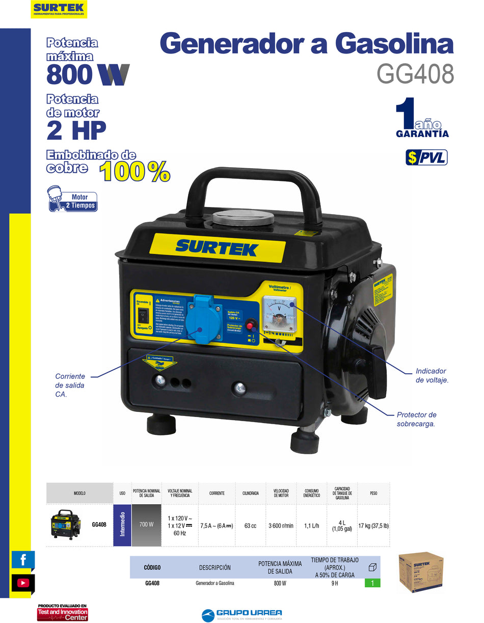 Generador a gasolina 800 W, 63 cc, voltaje de salida 120 V Surtek