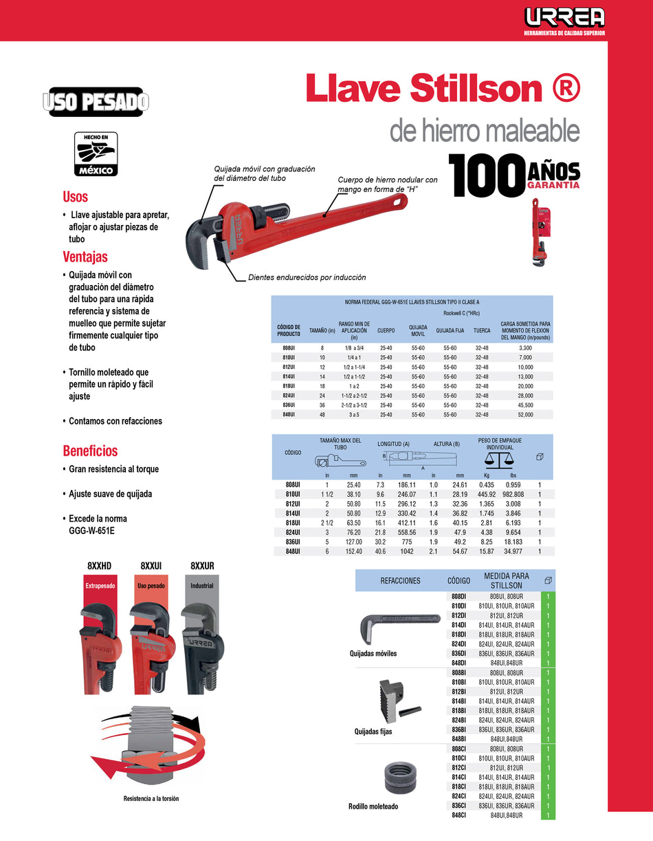 Llave stillson de hierro maleable de 48" Urrea