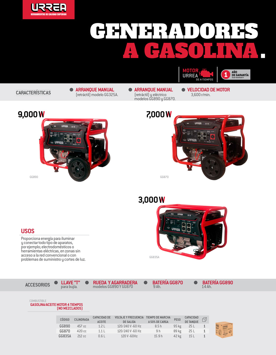 Generador a gasolina 3000 W, 212 cc, voltaje de salida 120 V Urrea