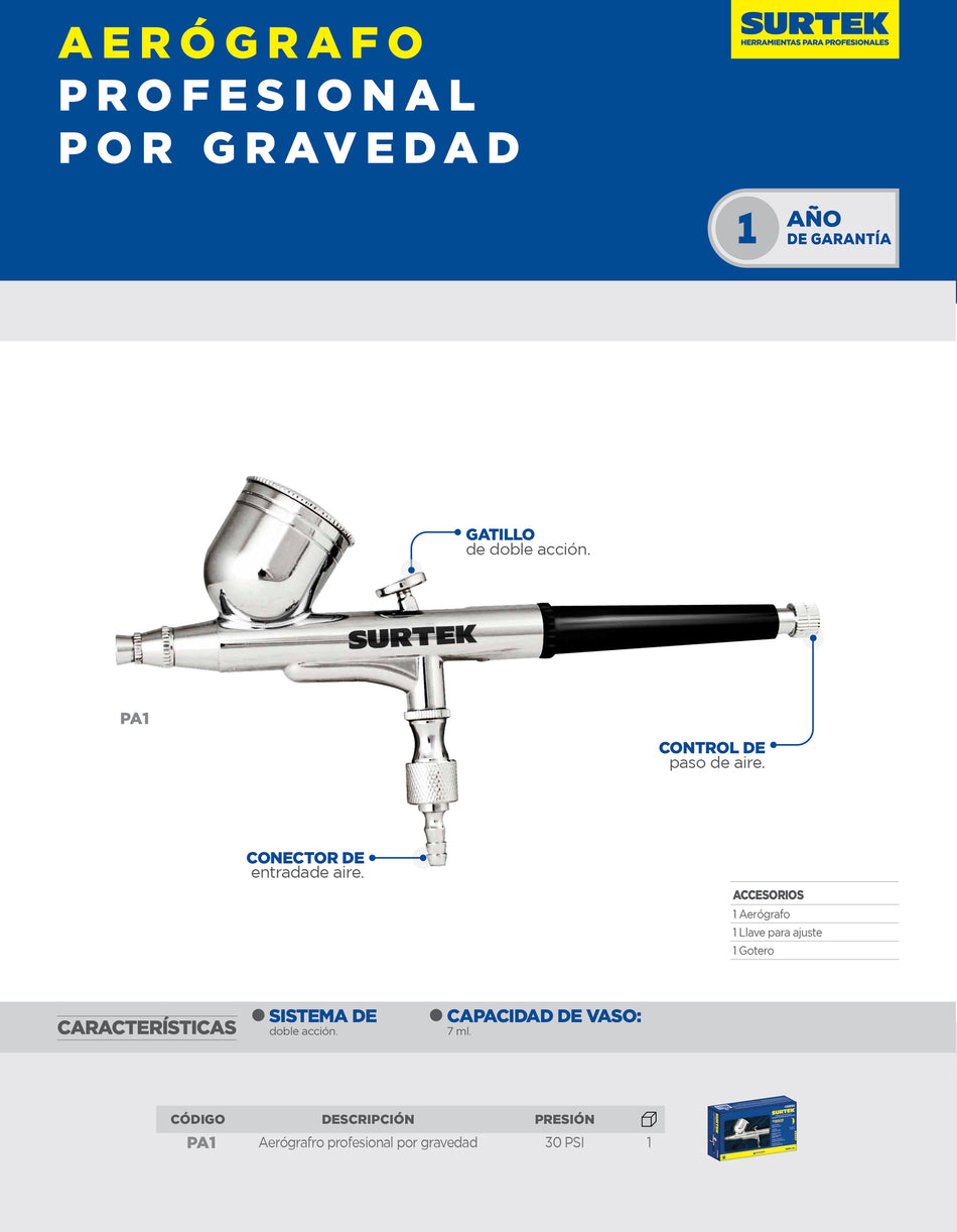 Aerógrafo profesional con alimentación por gravedad, capacidad 7 ml, 35 PSI, 3 piezas Surtek
