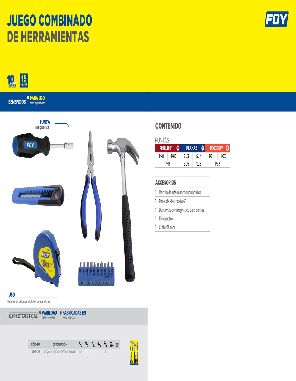 Juego combinado de herramienta, 15 piezas Foy