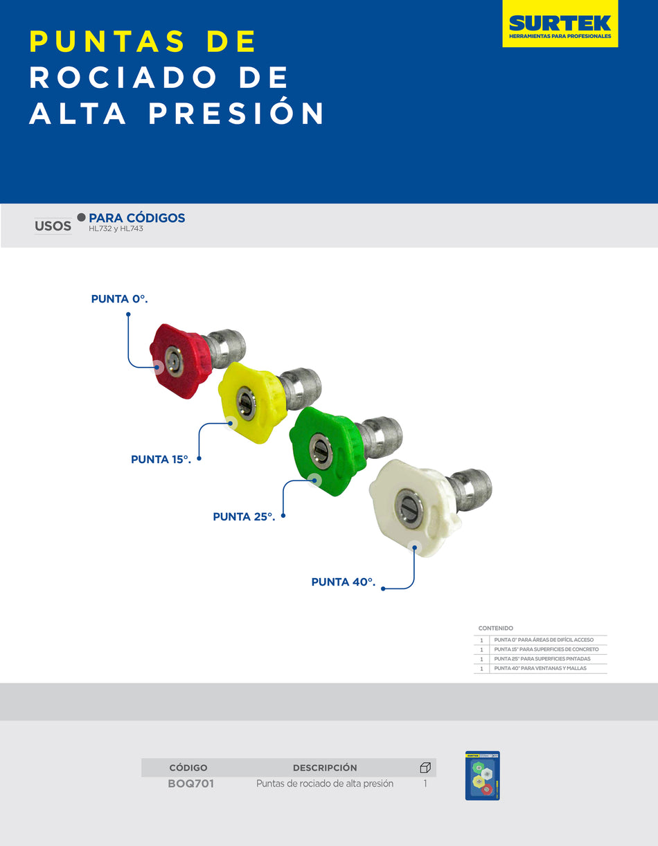 Boquillas para hidrolavadora eléctrica de rociado de alta presión, 4 piezas Surtek