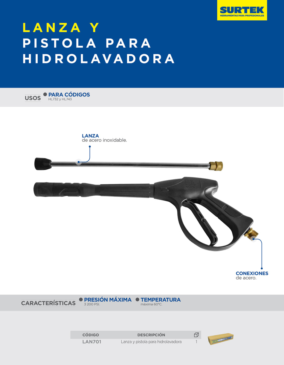 Lanza y pistola para hidrolavadoras eléctricas HG743 y HL732 Surtek