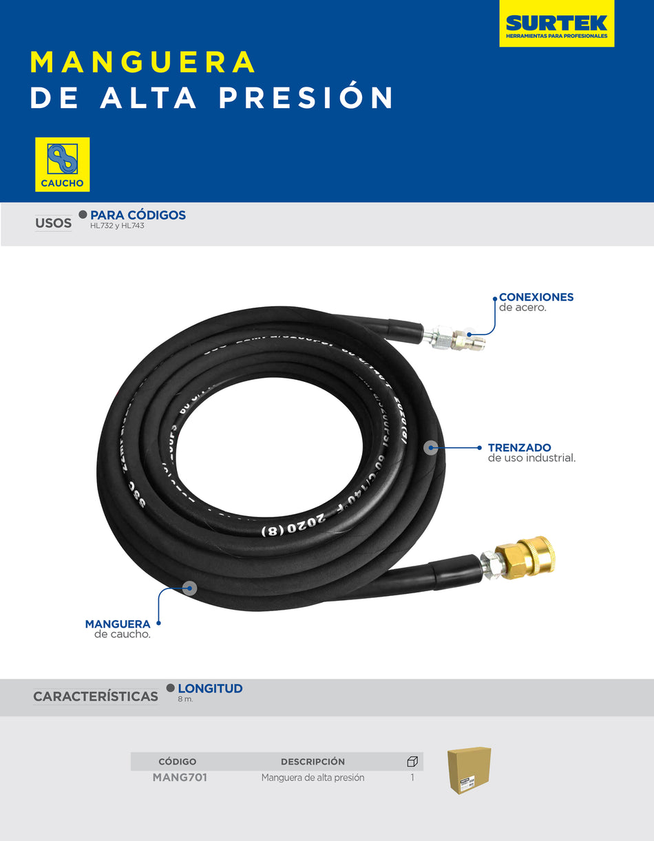 Manguera de 8 metros para hidrolavadoras eléctricas HL743 Y HL732 Surtek