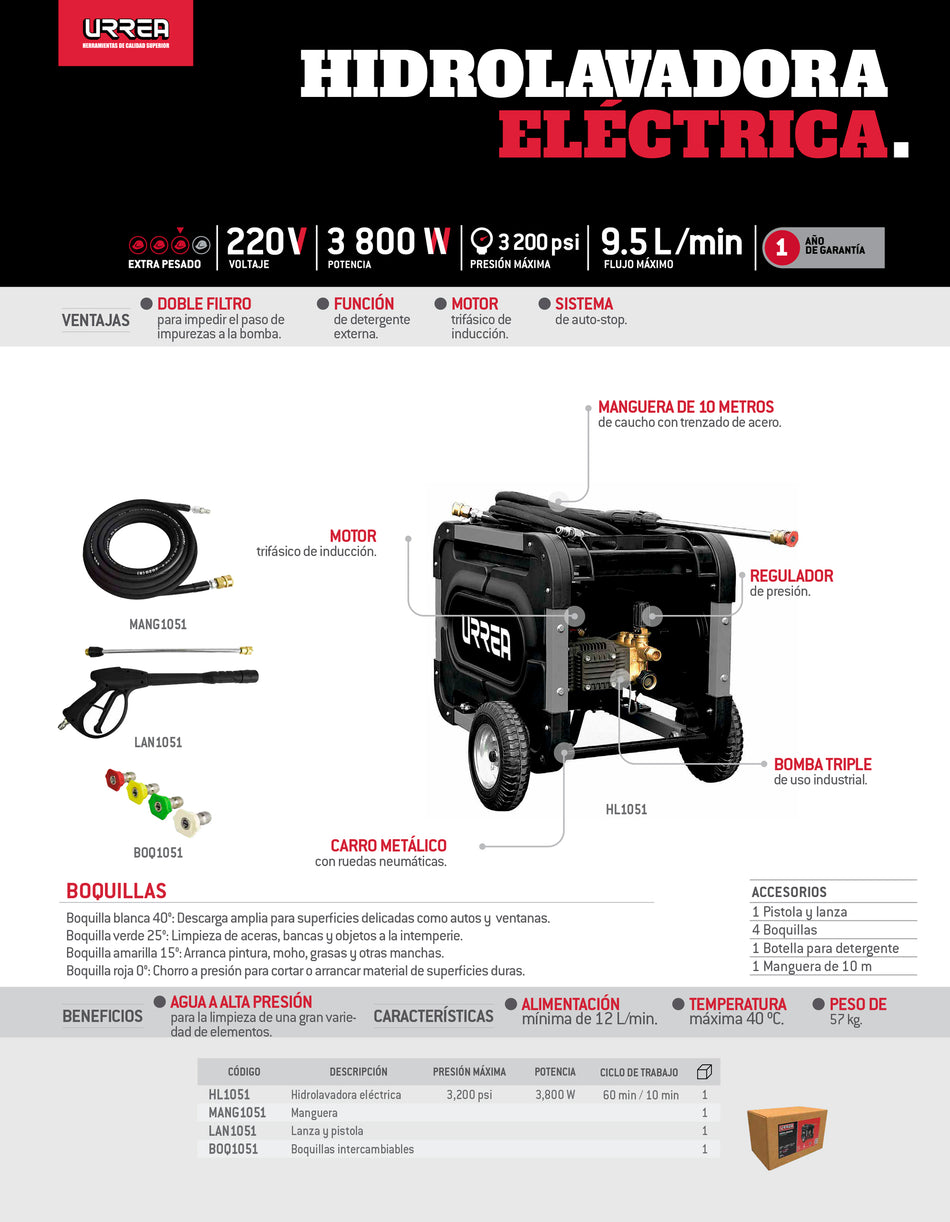 Hidrolavadora eléctrica 3800 W 220 V 3200 PSI, 12 Lt por minuto Urrea