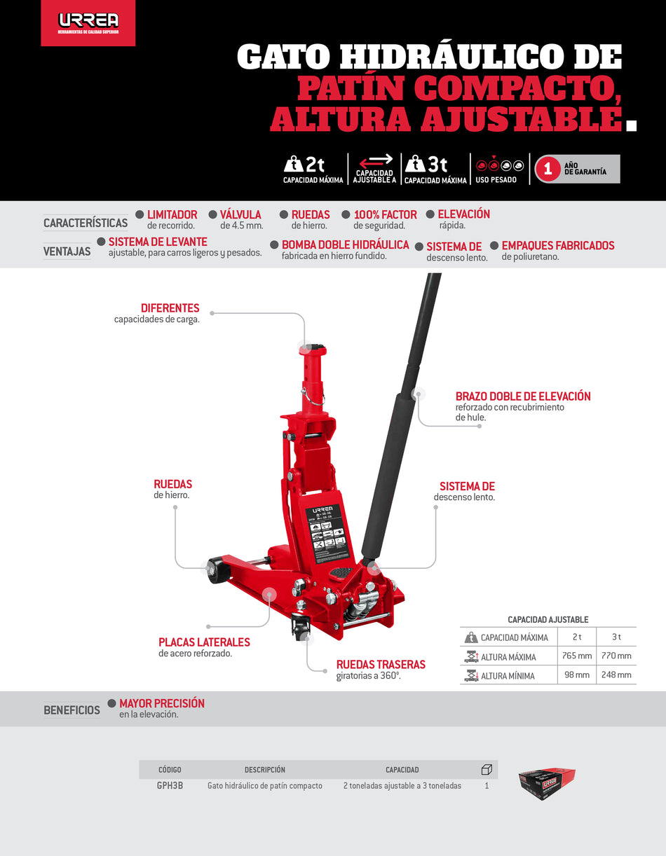 Gato hidráulico de patín compacto, 3 ton Urrea