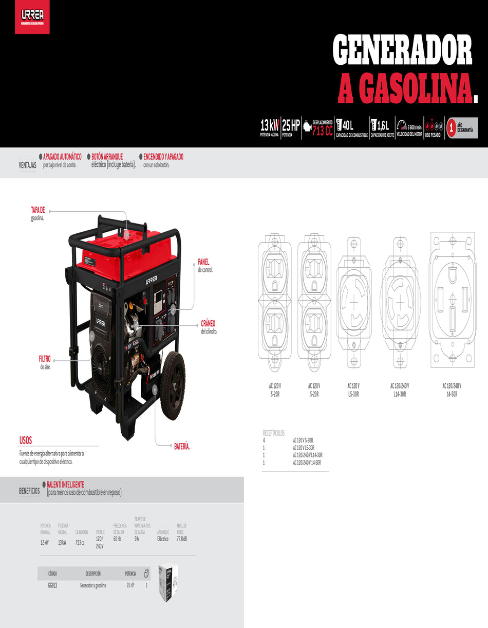 Generador a gasolina 13000 W, 713 cc, voltaje de salida 120-240 V Urrea