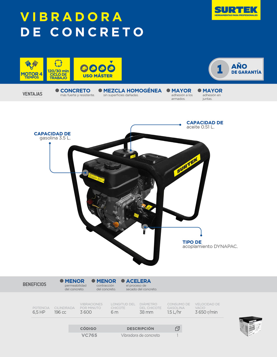 Vibradora de concreto a gasolina con motor de 4 tiempos 6.5 HP Surtek