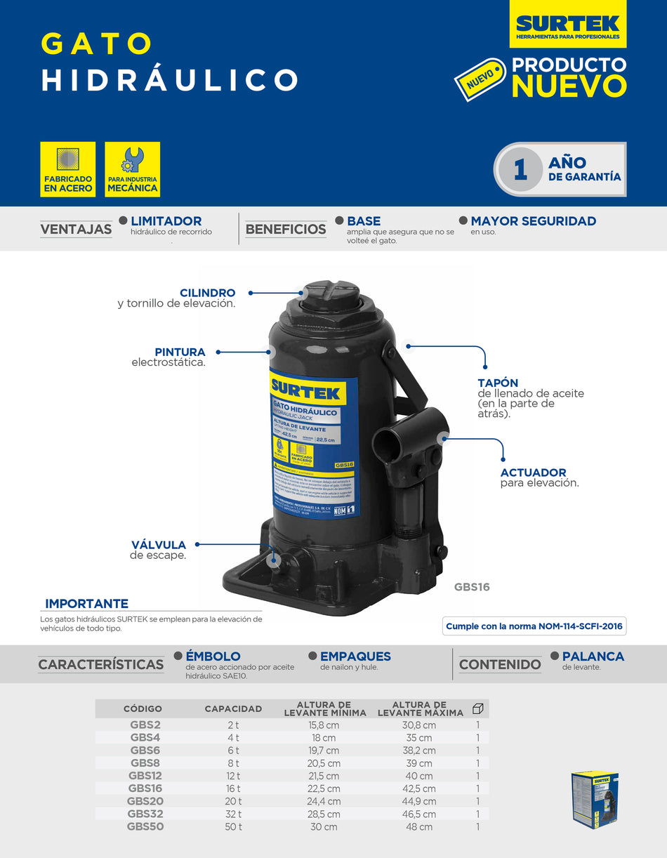 Gato hidráulico de botella, 2 ton Surtek