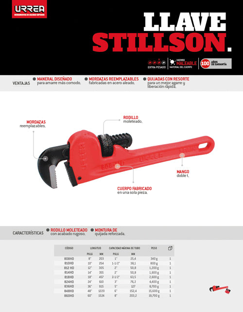 Llave stillson de hierro maleable de 60" Urrea