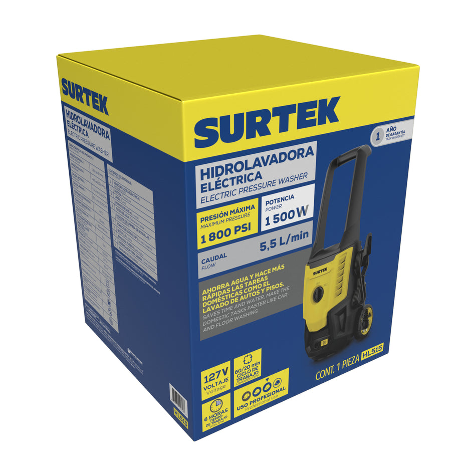 Hidrolavadora eléctrica 1500 W 127 V 1800 PSI, 5.5 Lt por minuto flujo máximo Surtek