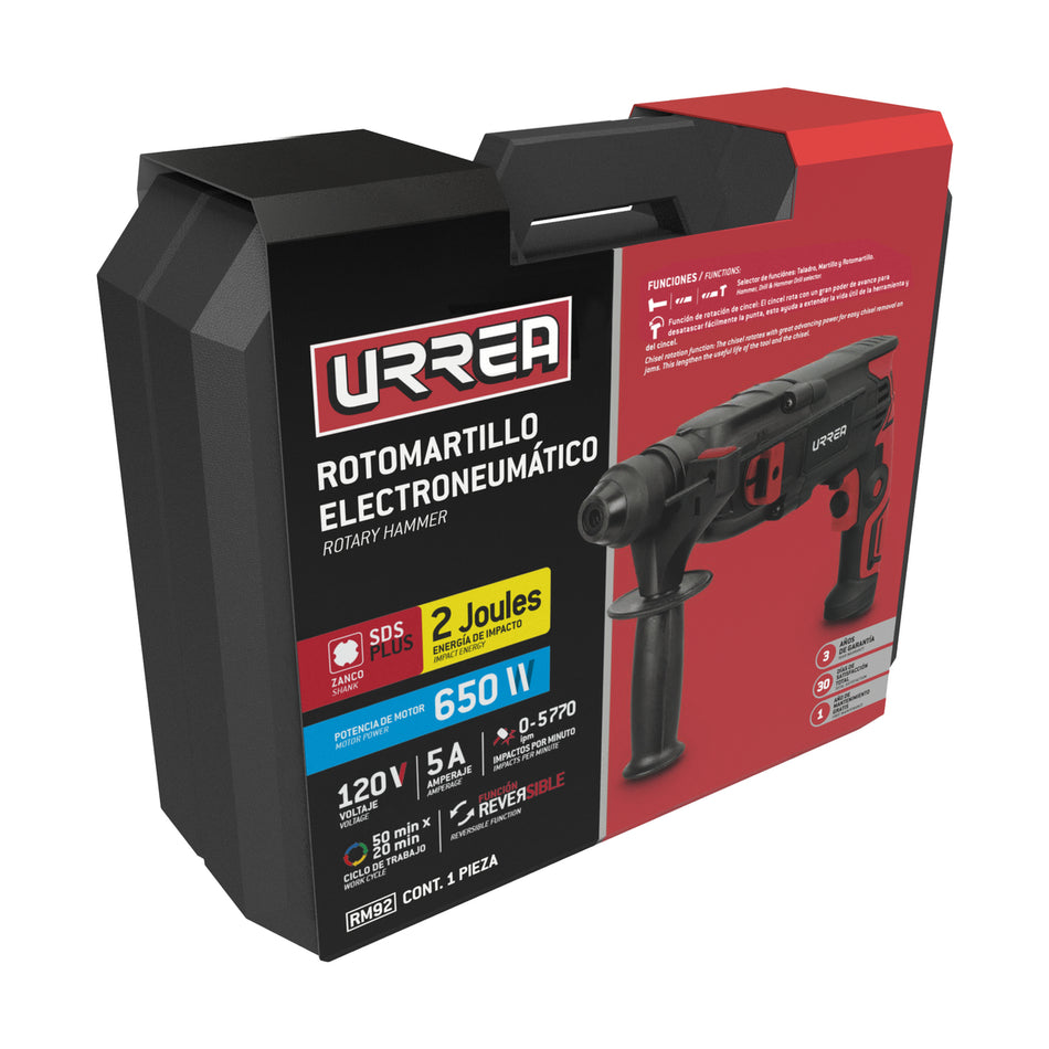 Rotomartillo electroneumático SDS Plus 600 W, 120 V, 2J, 0-2200 RPM Urrea